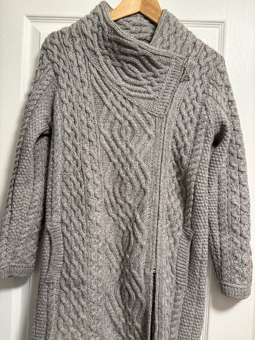 Aran Crafts Ireland 100% Merino Wool Side-Zip Cable Knit Cardigan Coat- Grey XS